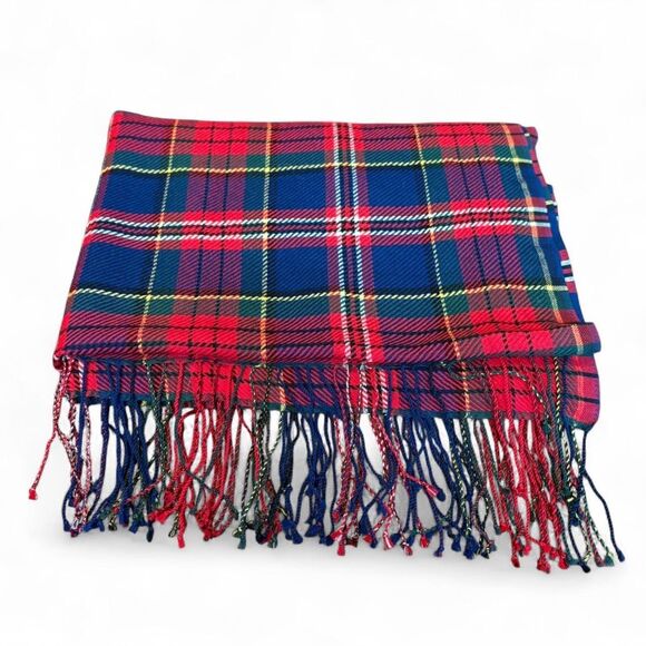 Talbots 100% Wool Red & Navy Tartan Plaid Oversized Fringe Scarf / Wrap - Picture 3 of 6